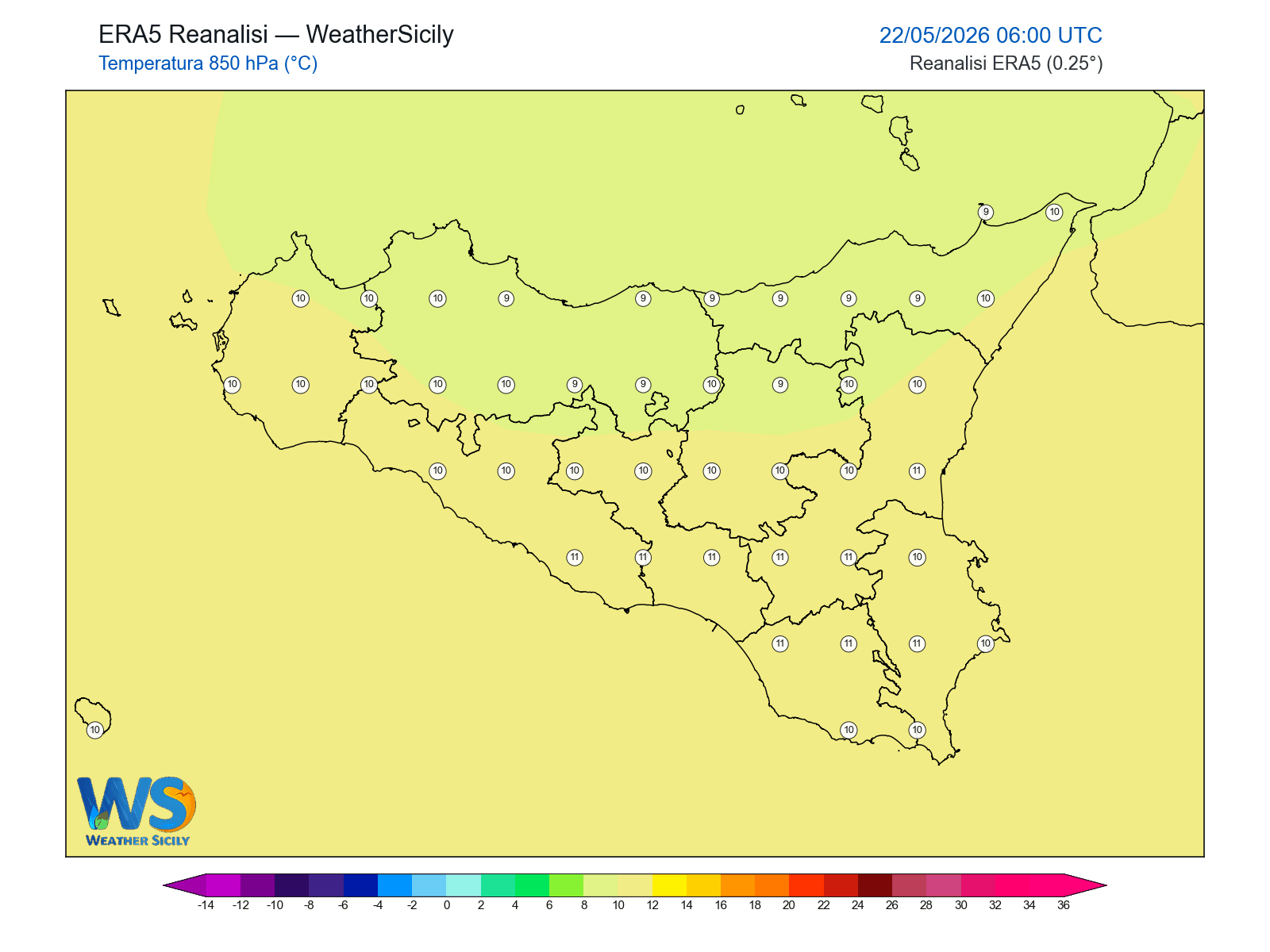 Temperatura a 850 hPa · 2026052206