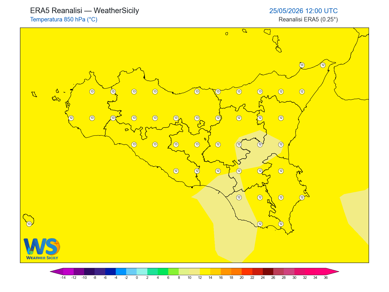 Temperatura a 850 hPa · 2026052512