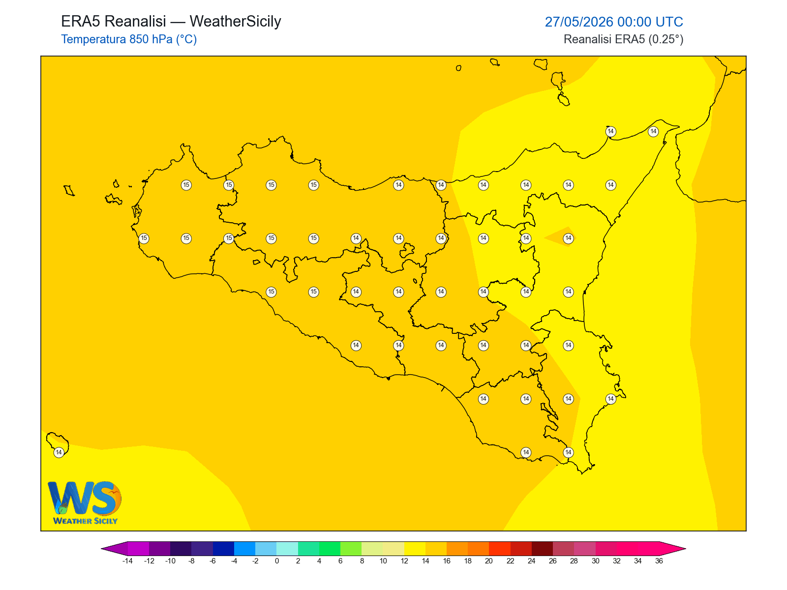 Temperatura a 850 hPa · 2026052700