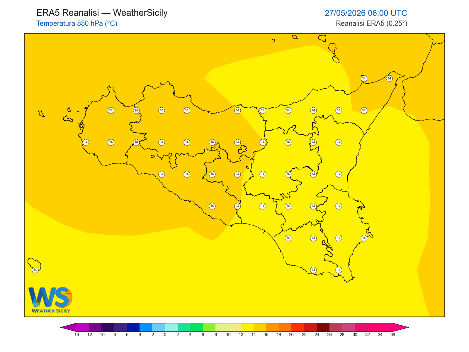 Temperatura a 850 hPa · 2026052706
