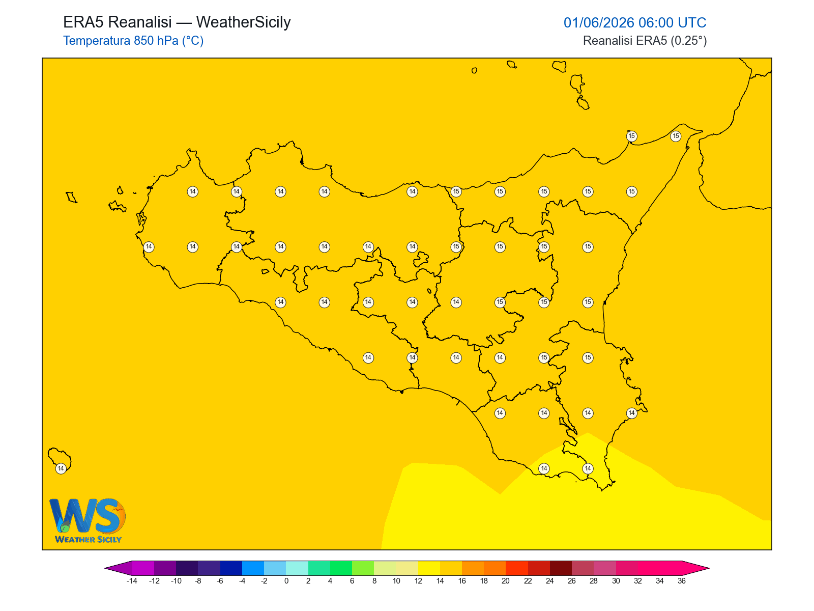Temperatura a 850 hPa · 2026060106