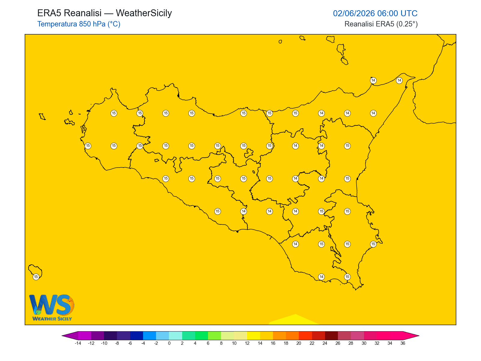 Temperatura a 850 hPa · 2026060206