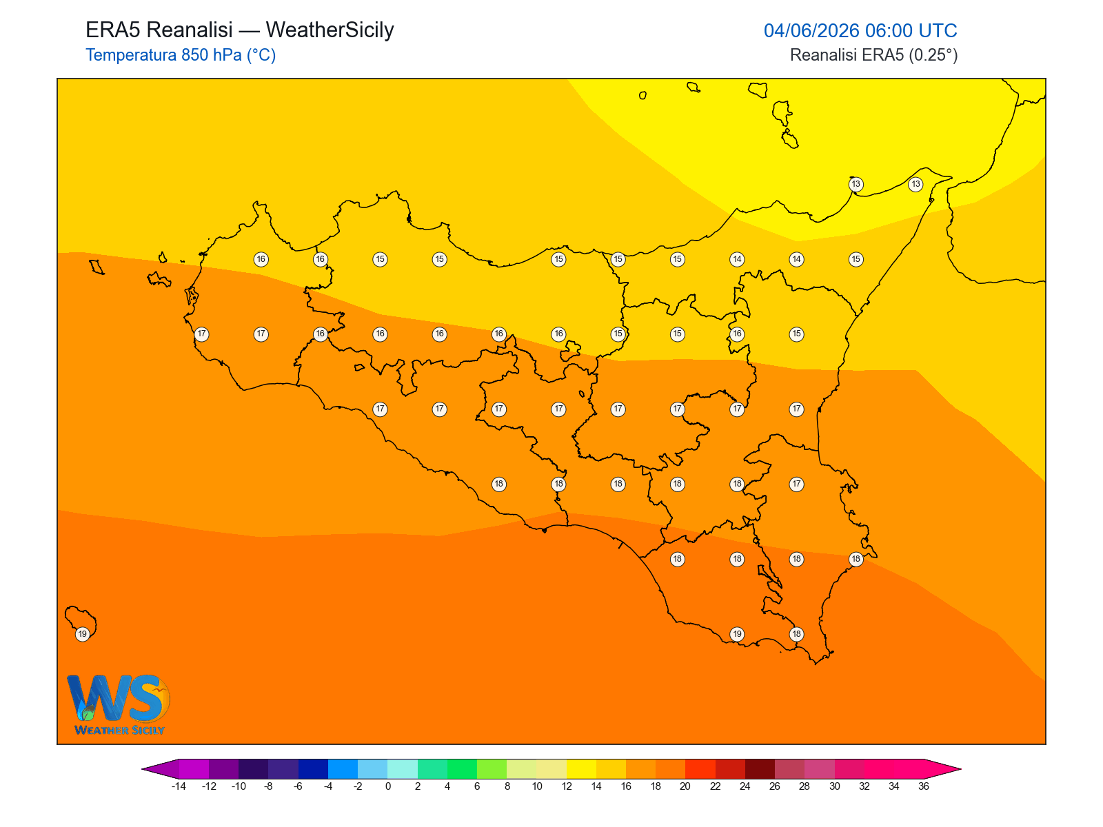Temperatura a 850 hPa · 2026060406
