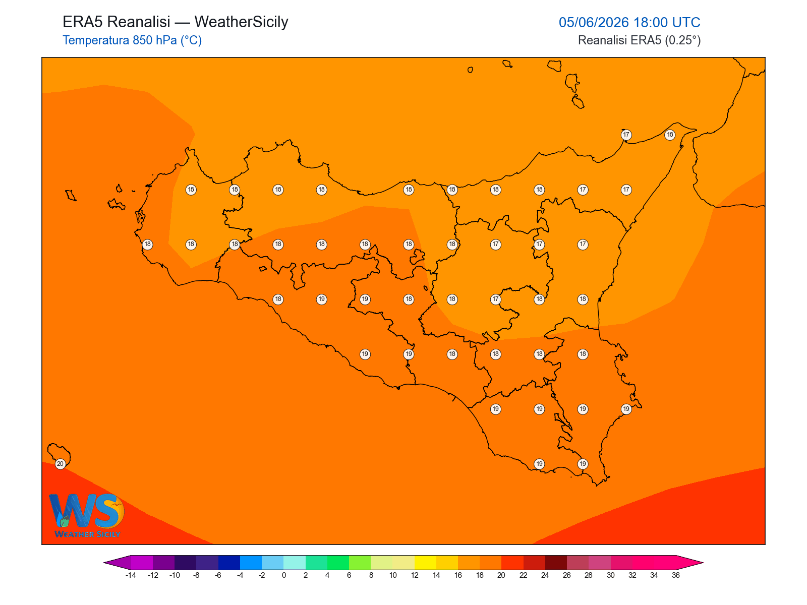 Temperatura a 850 hPa · 2026060518