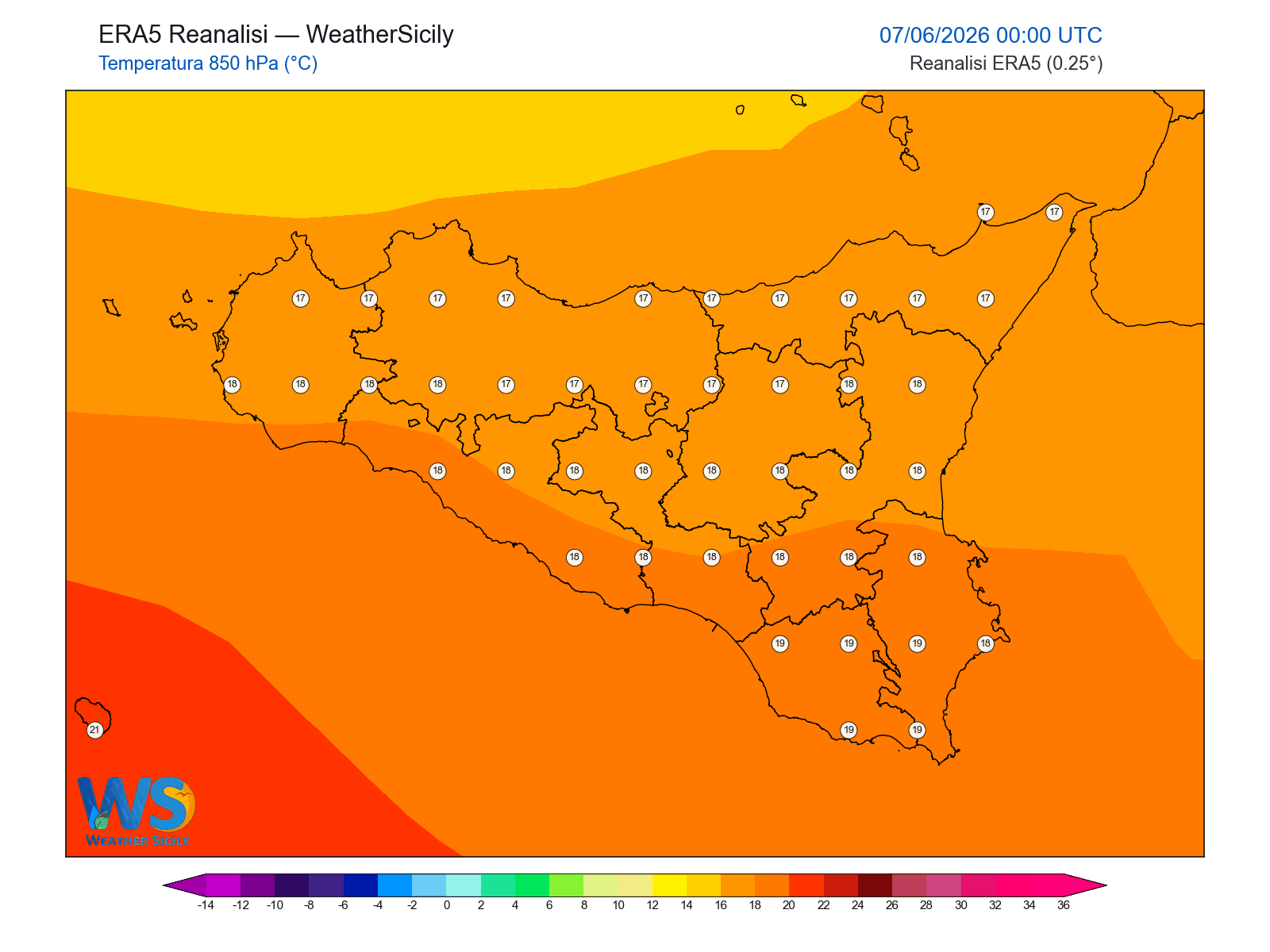 Temperatura a 850 hPa · 2026060700