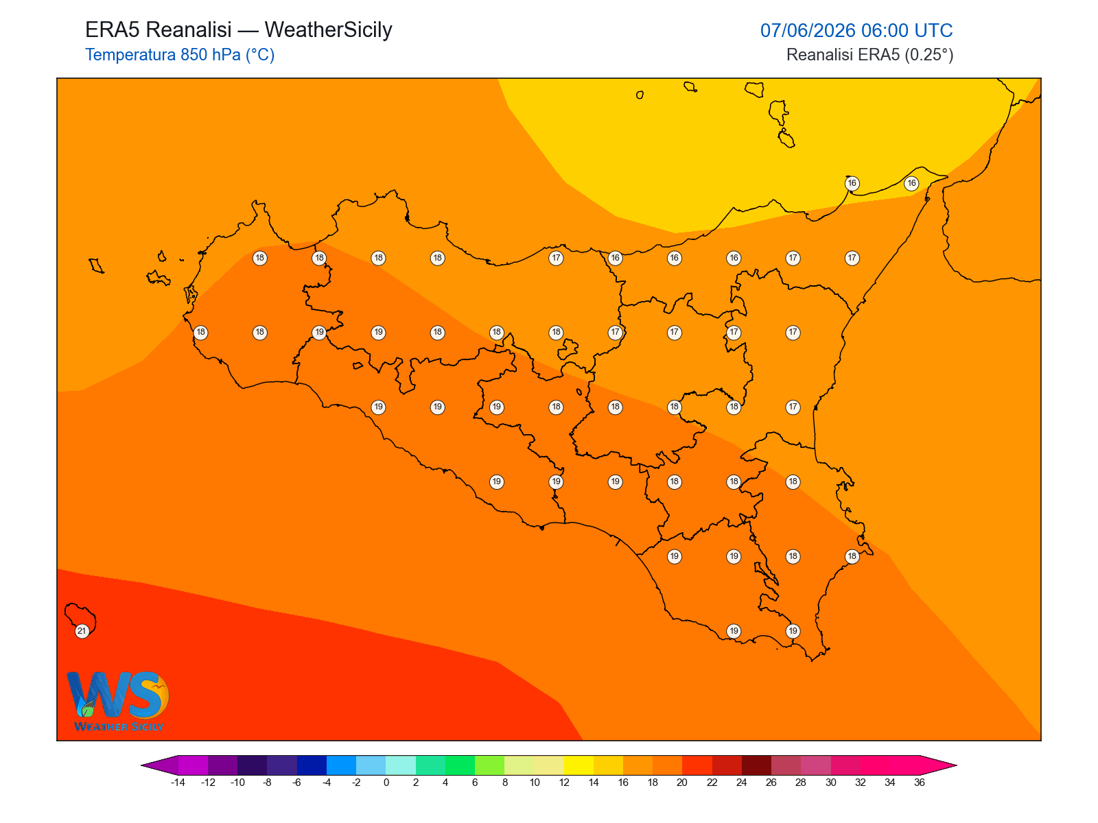 Temperatura a 850 hPa · 2026060706
