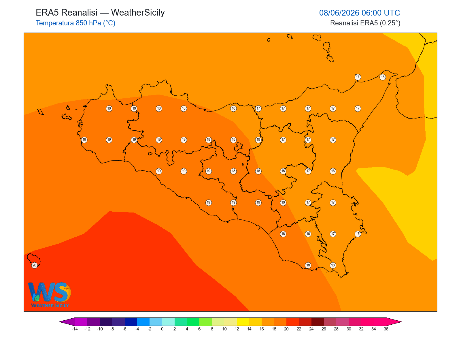 Temperatura a 850 hPa · 2026060806