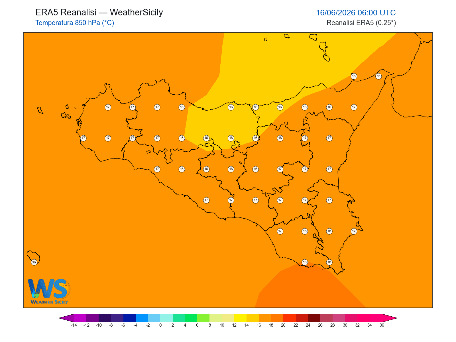 Temperatura a 850 hPa · 2026061606
