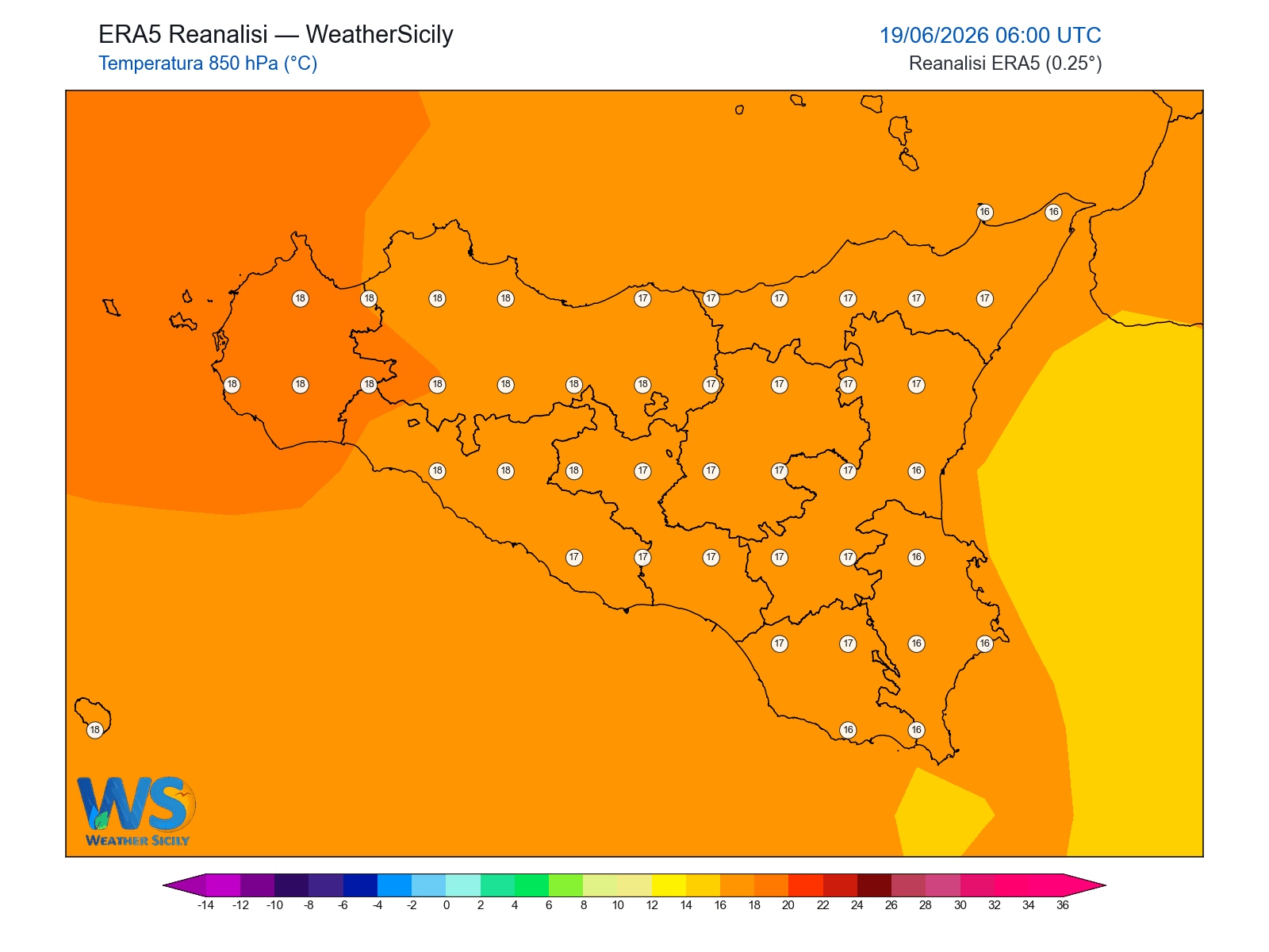 Temperatura a 850 hPa · 2026061906