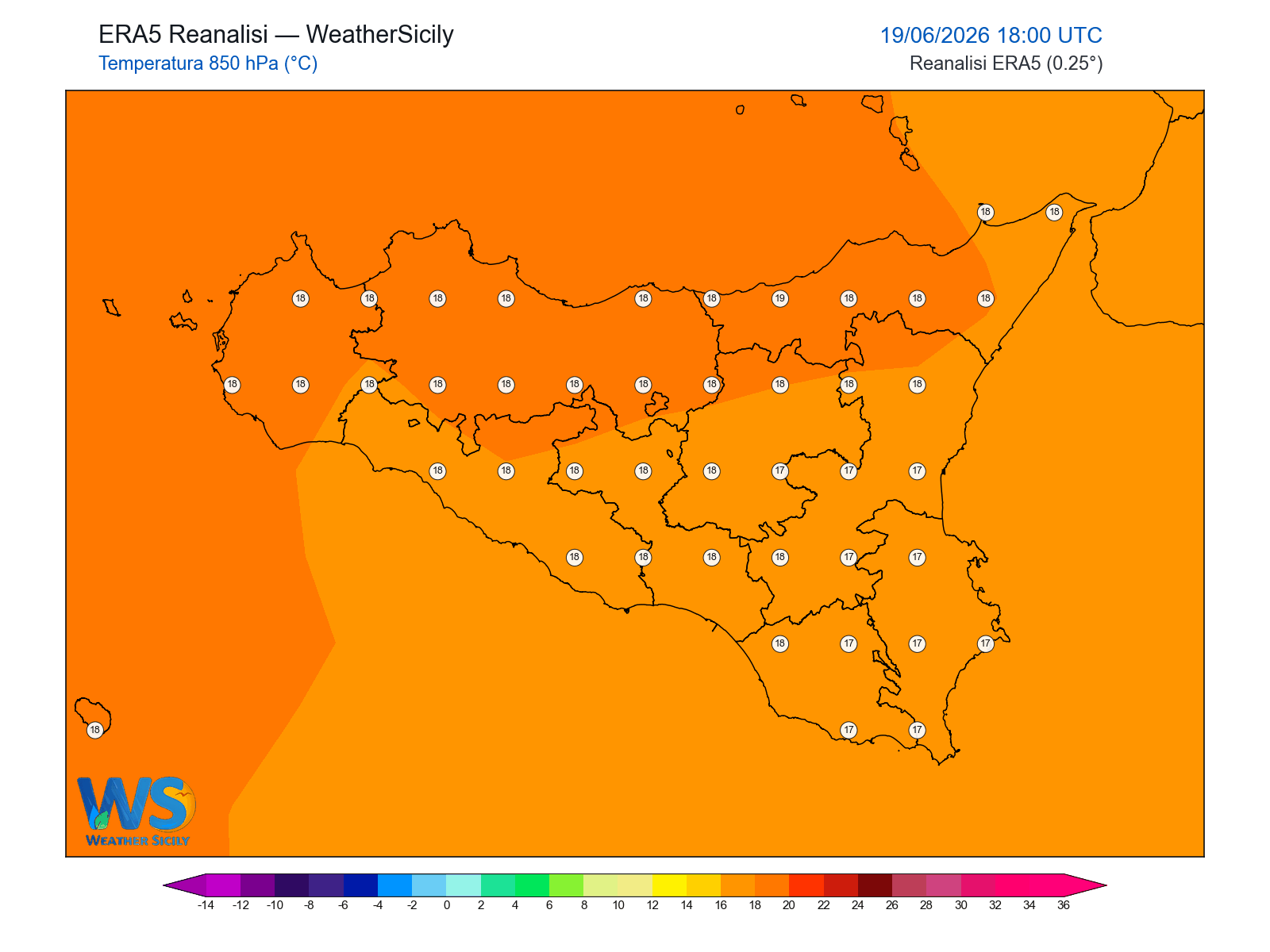 Temperatura a 850 hPa · 2026061918