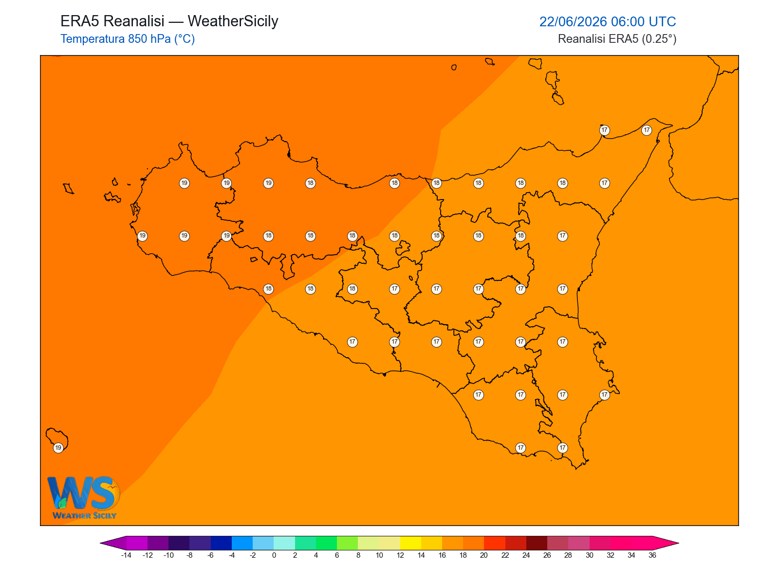 Temperatura a 850 hPa · 2026062206