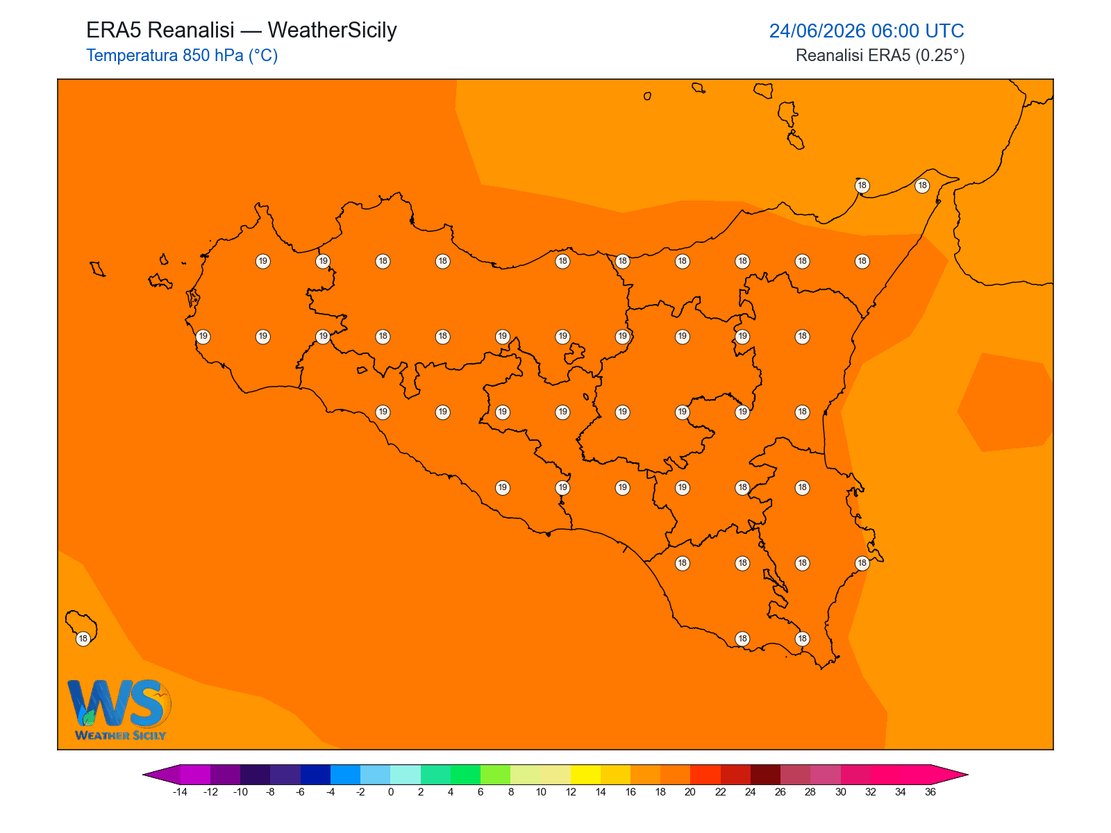 Temperatura a 850 hPa · 2026062406
