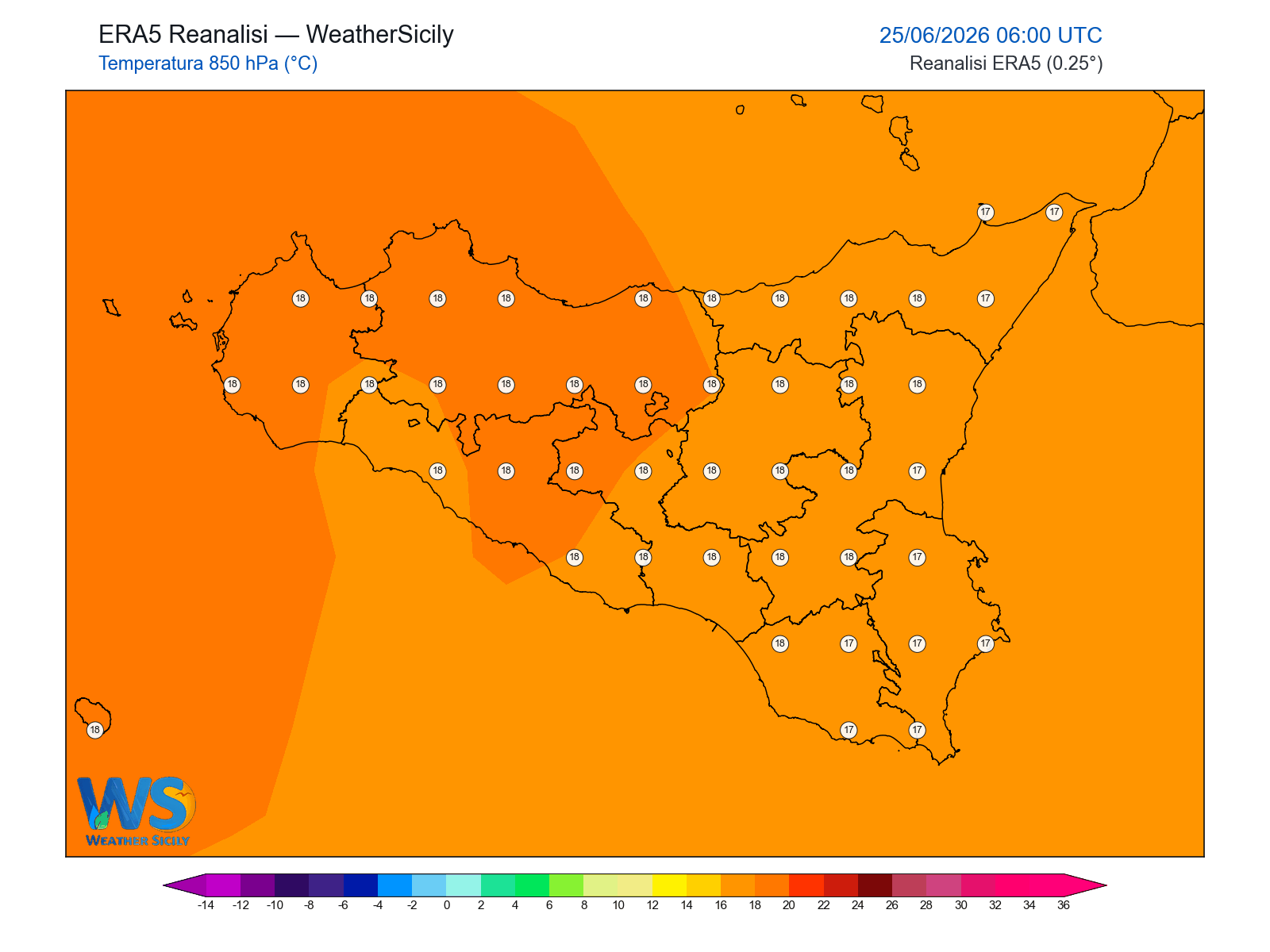 Temperatura a 850 hPa · 2026062506
