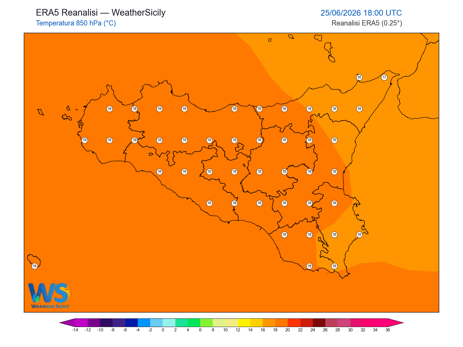 Temperatura a 850 hPa · 2026062518