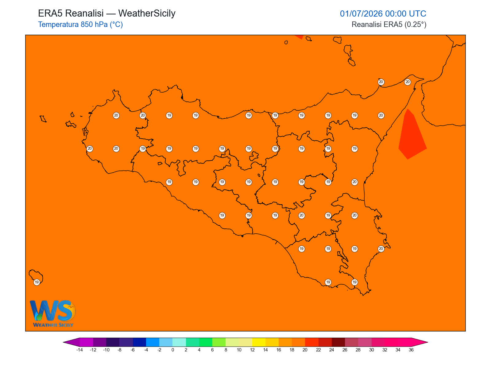Temperatura a 850 hPa · 2026070100