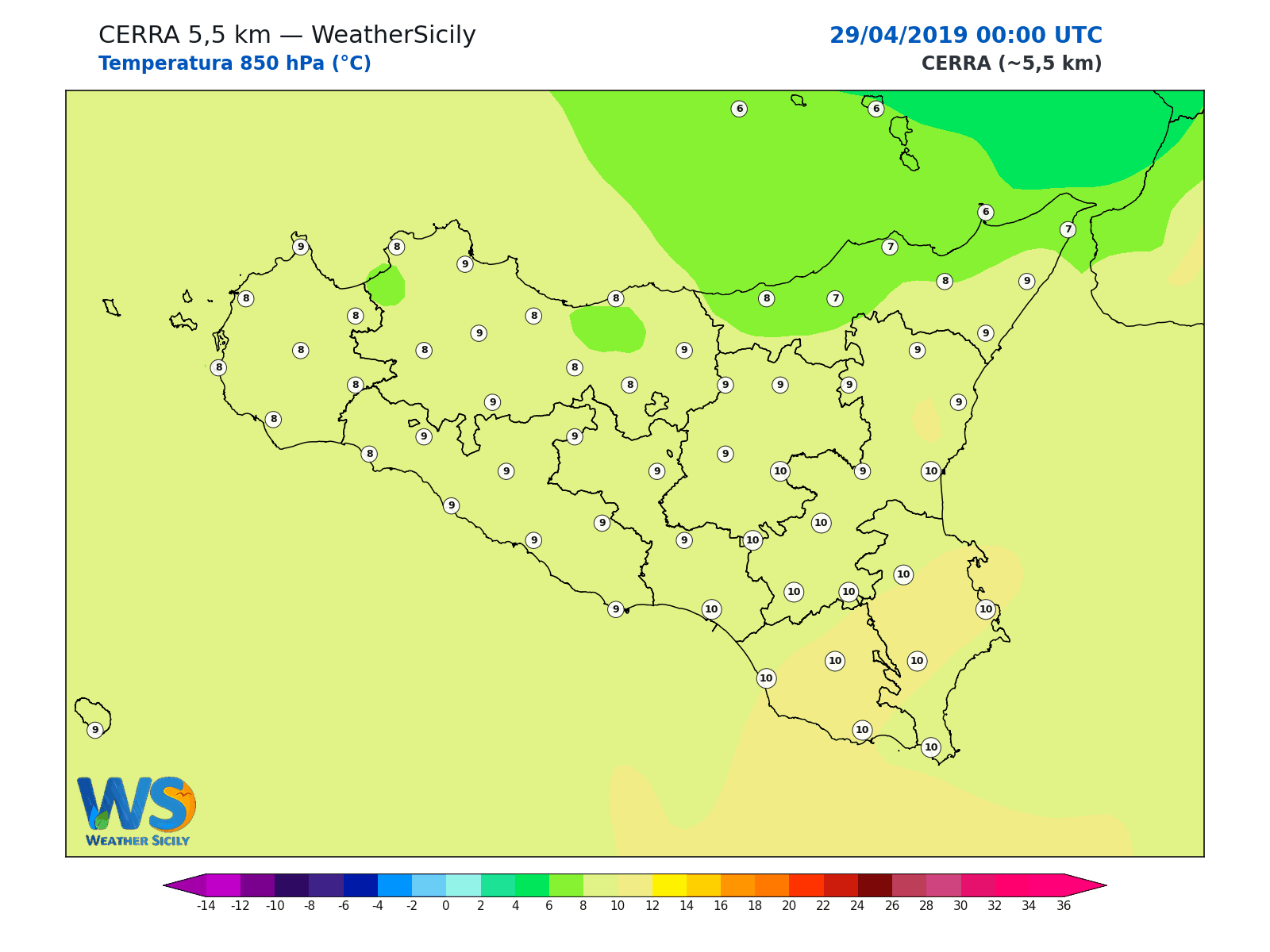 Temperatura a 850 hPa · 2019042900
