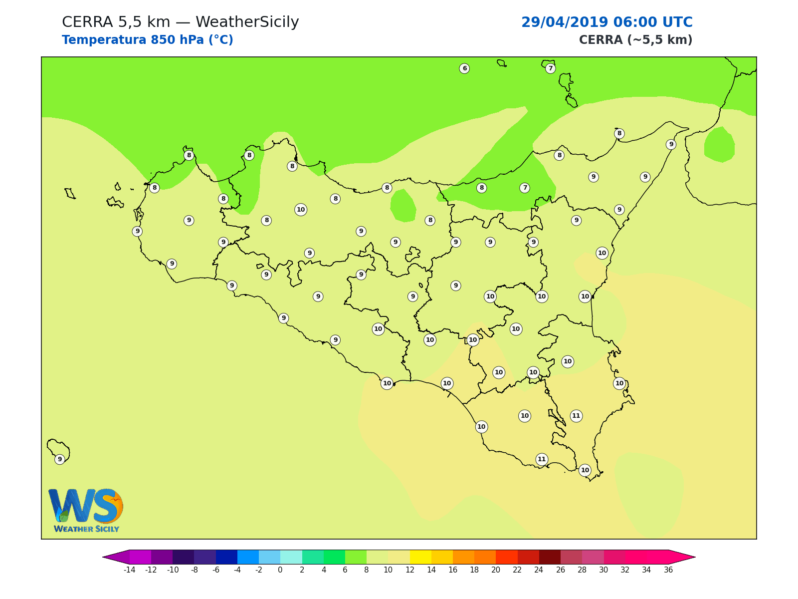Temperatura a 850 hPa · 2019042906