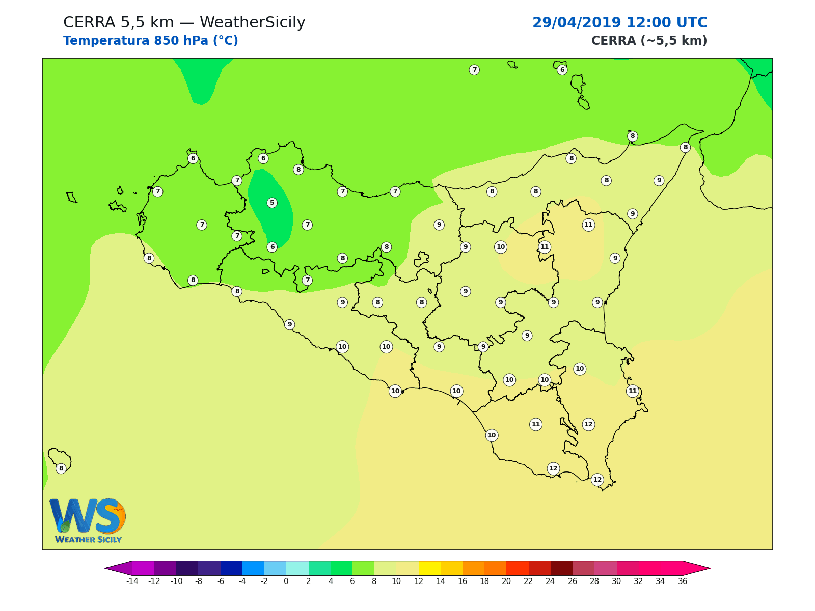 Temperatura a 850 hPa · 2019042912