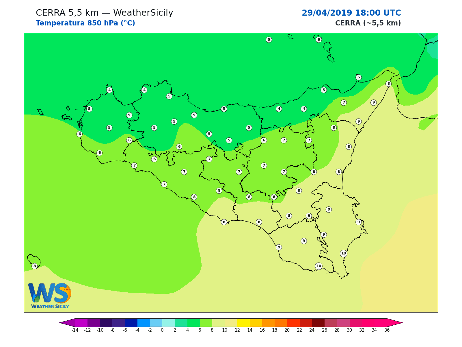 Temperatura a 850 hPa · 2019042918