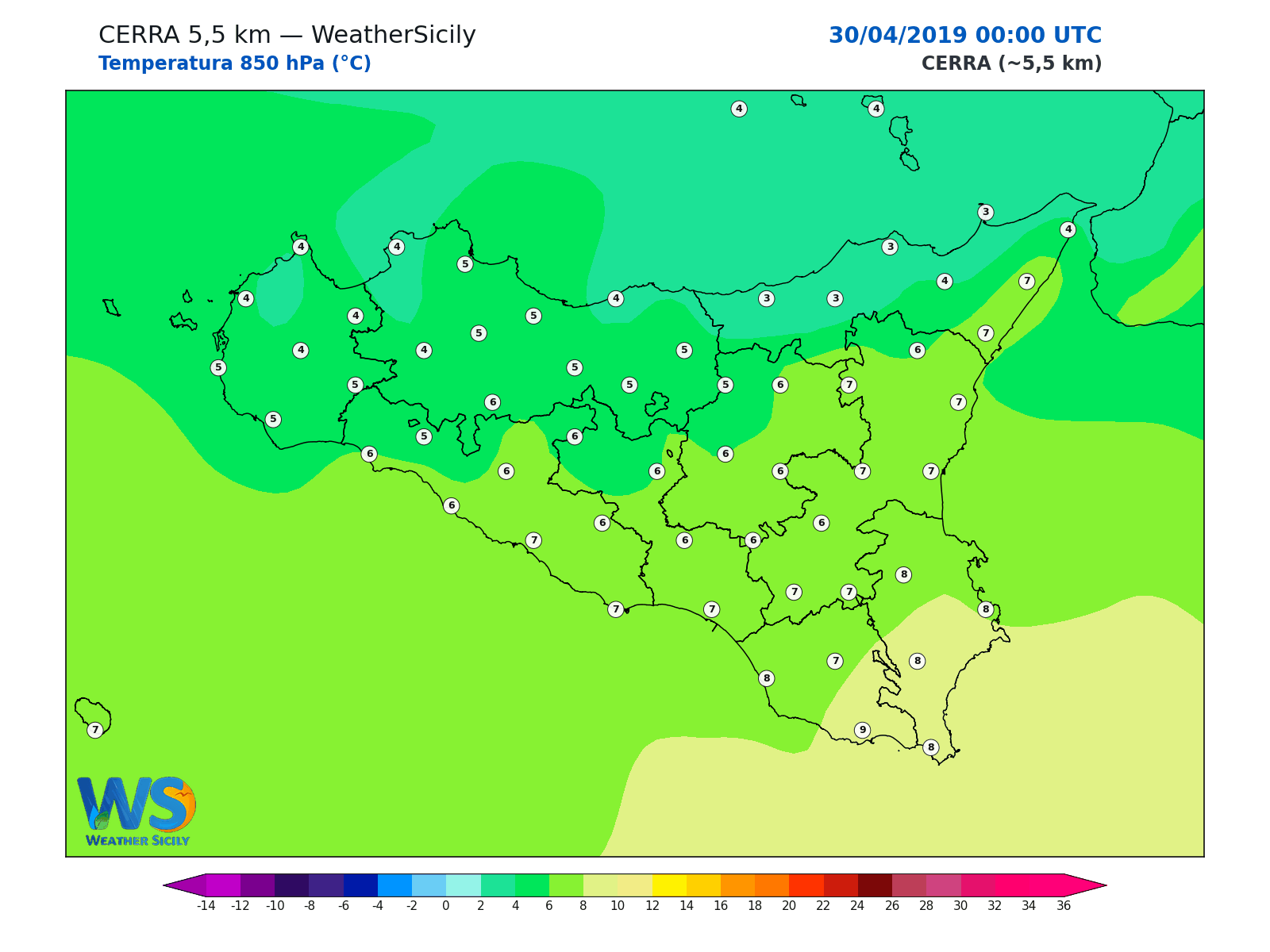 Temperatura a 850 hPa · 2019043000