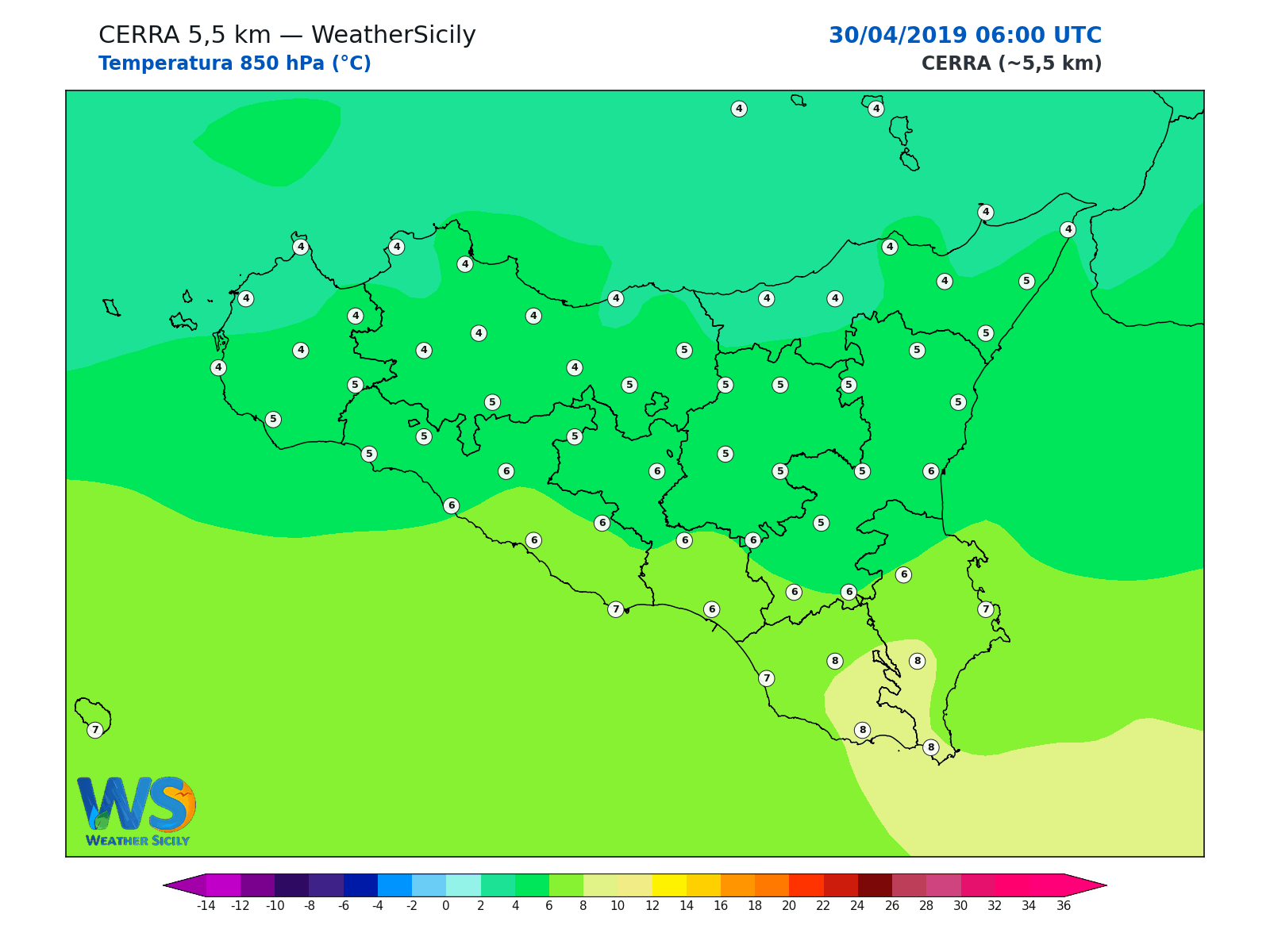 Temperatura a 850 hPa · 2019043006