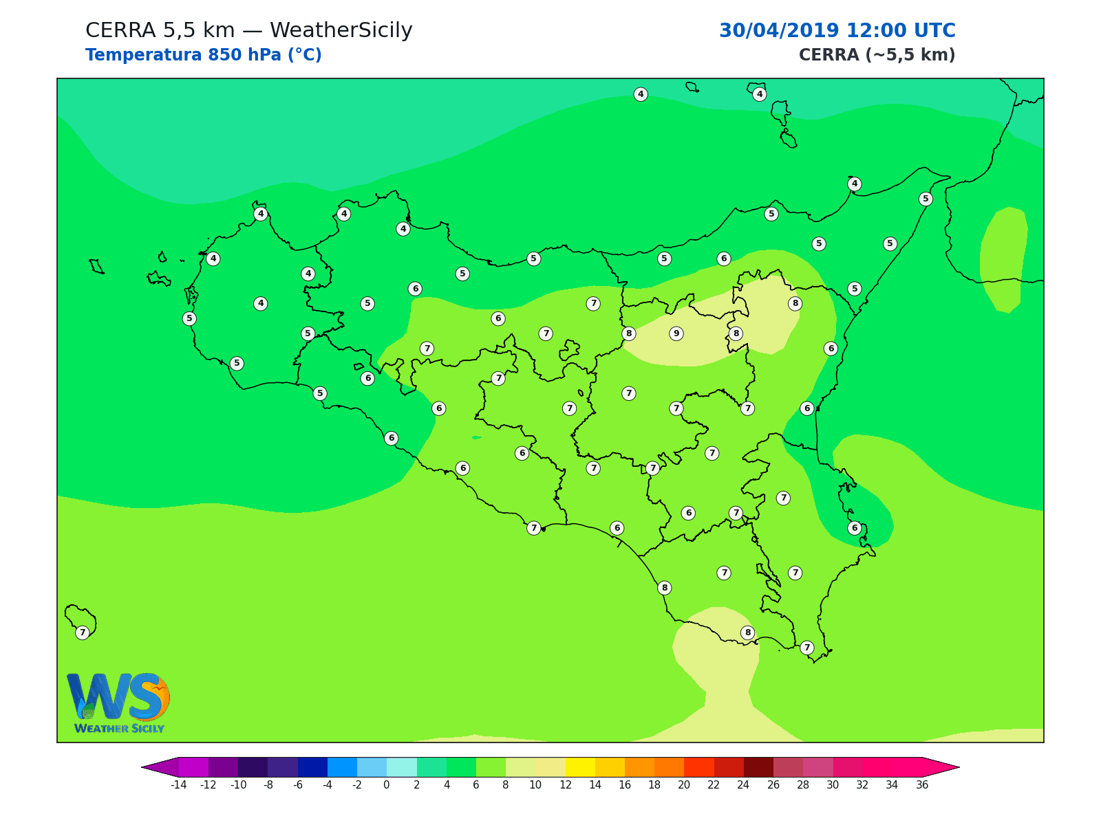 Temperatura a 850 hPa · 2019043012