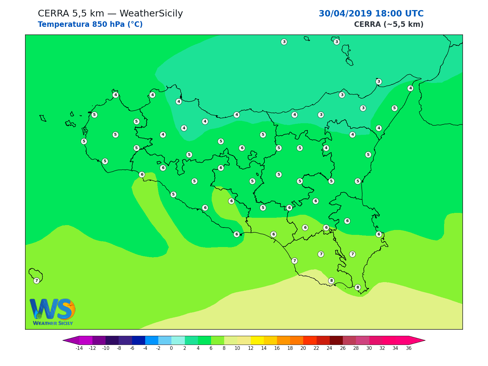Temperatura a 850 hPa · 2019043018