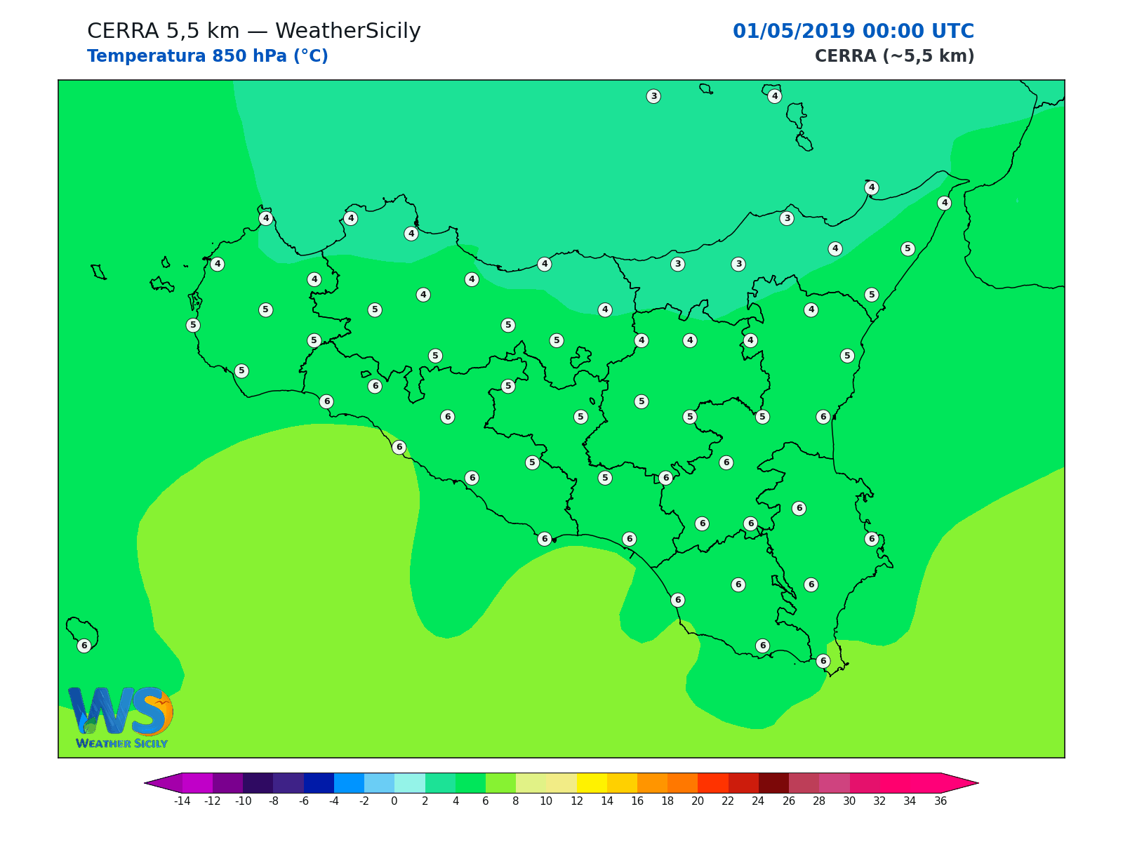 Temperatura a 850 hPa · 2019050100