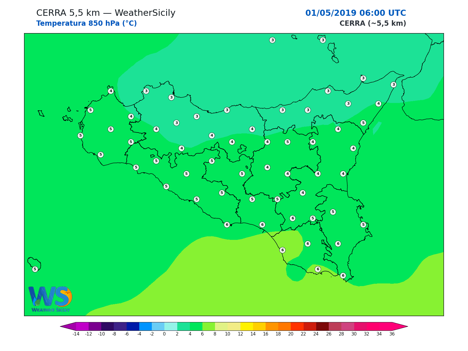 Temperatura a 850 hPa · 2019050106