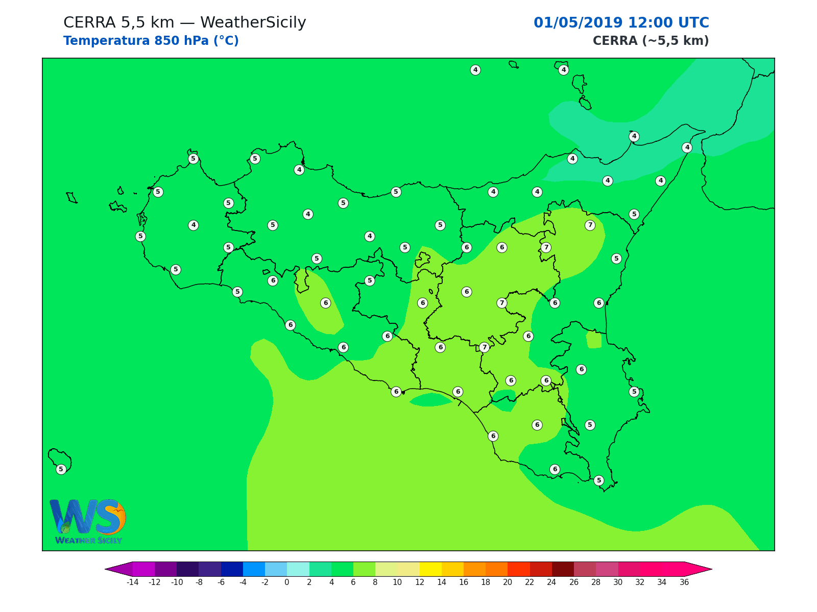 Temperatura a 850 hPa · 2019050112