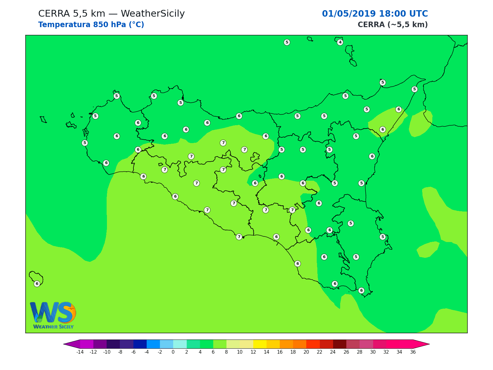 Temperatura a 850 hPa · 2019050118