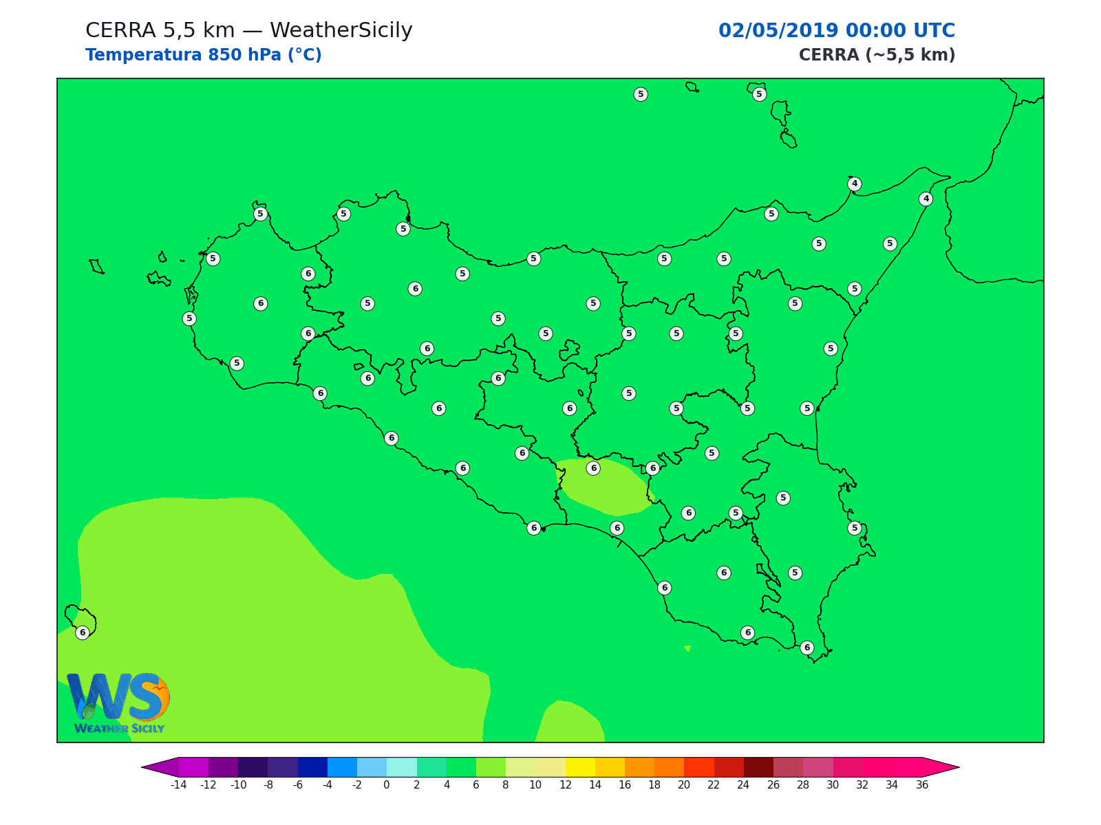Temperatura a 850 hPa · 2019050200