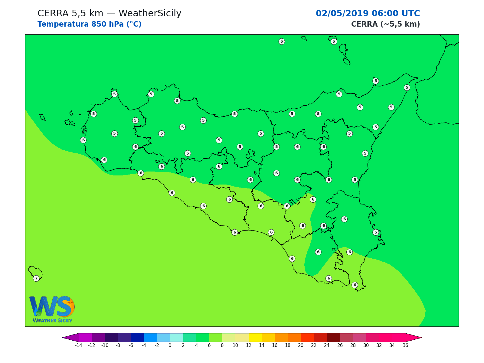 Temperatura a 850 hPa · 2019050206