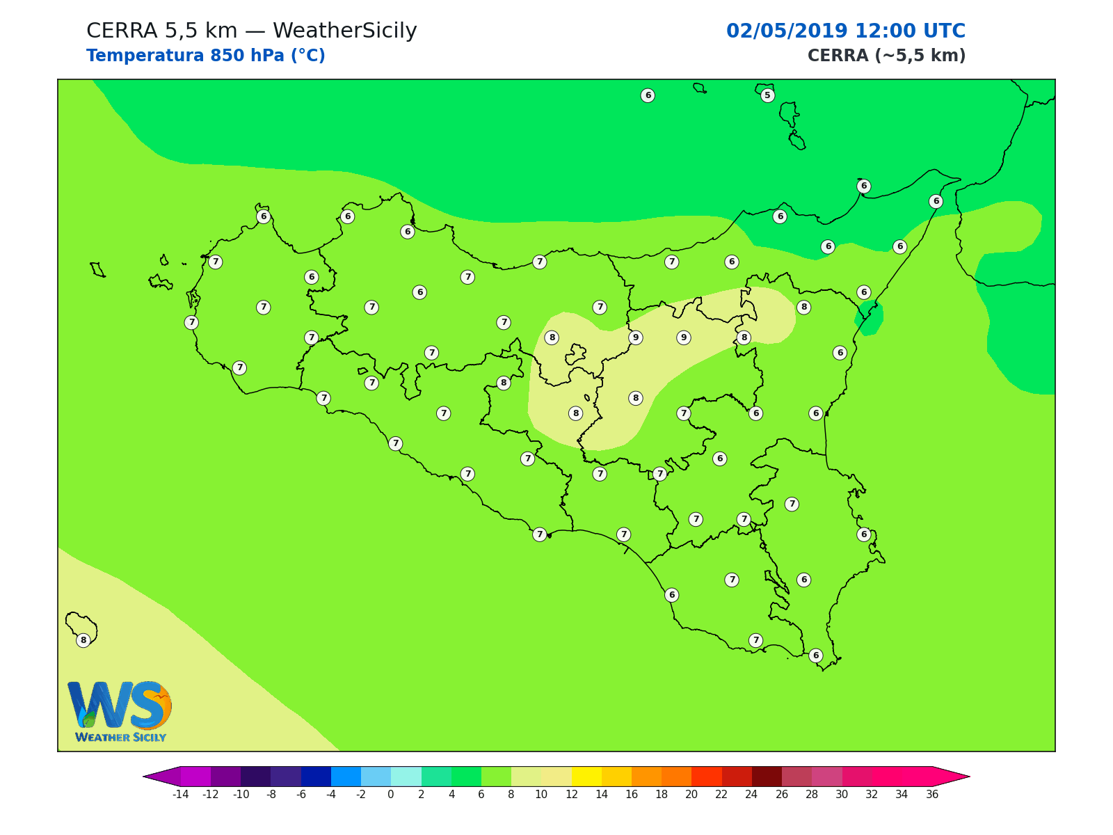 Temperatura a 850 hPa · 2019050212