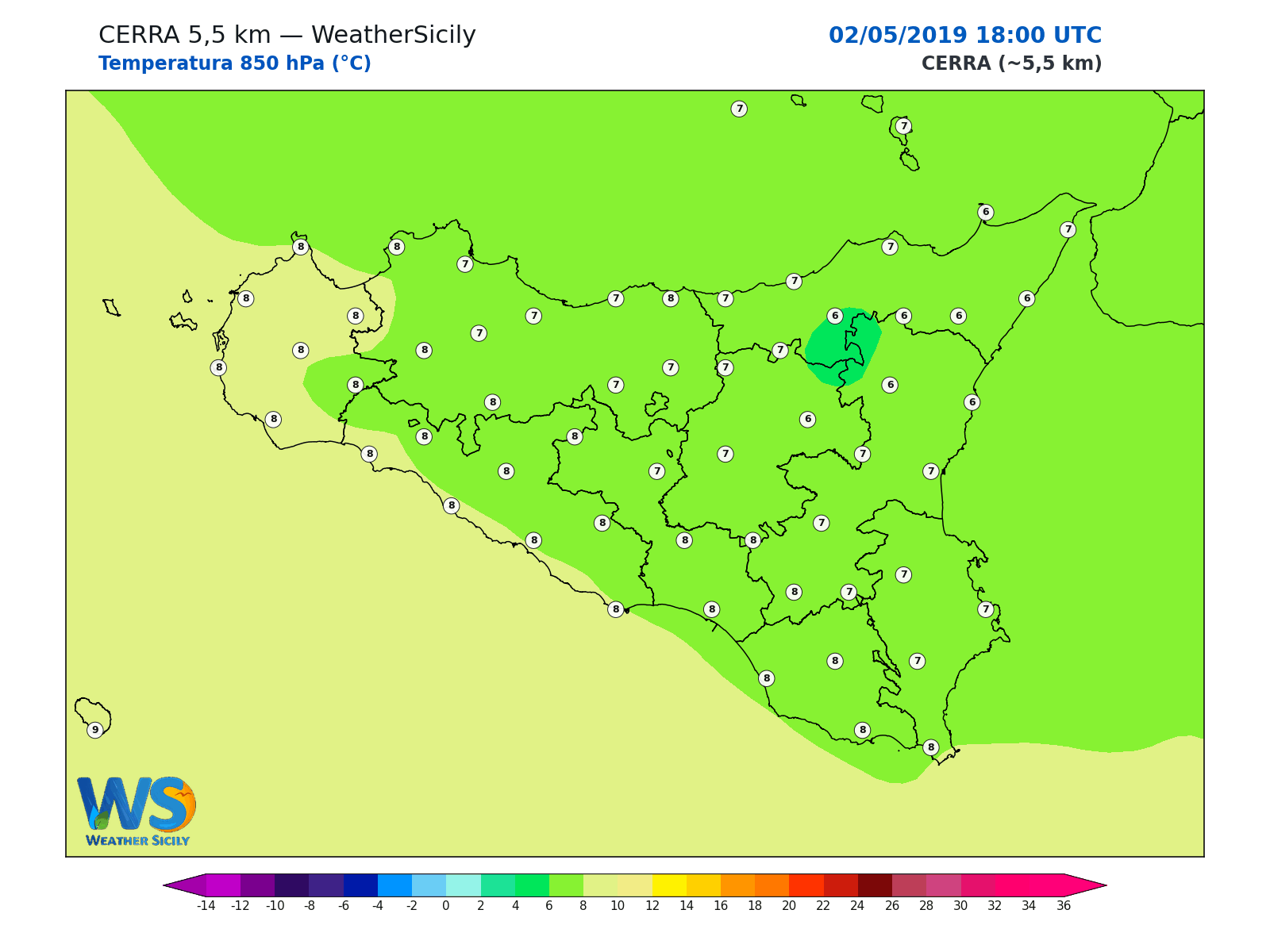 Temperatura a 850 hPa · 2019050218