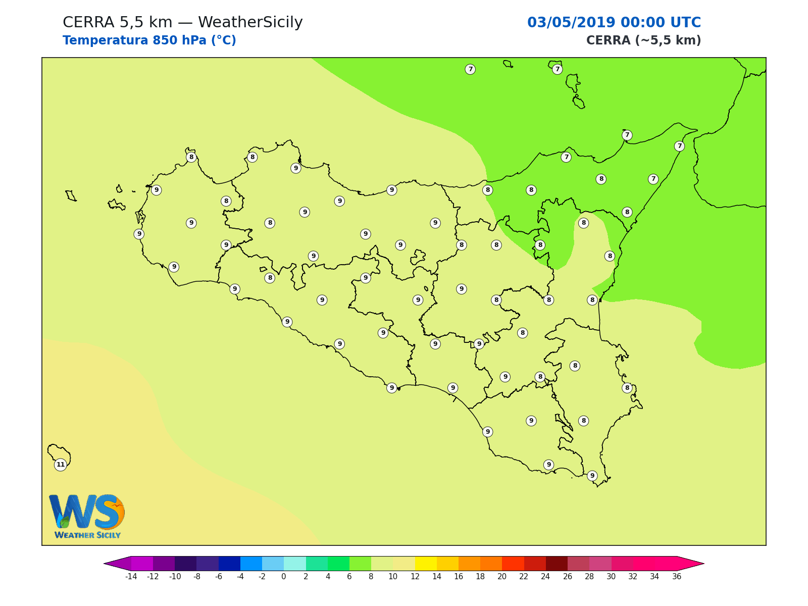 Temperatura a 850 hPa · 2019050300