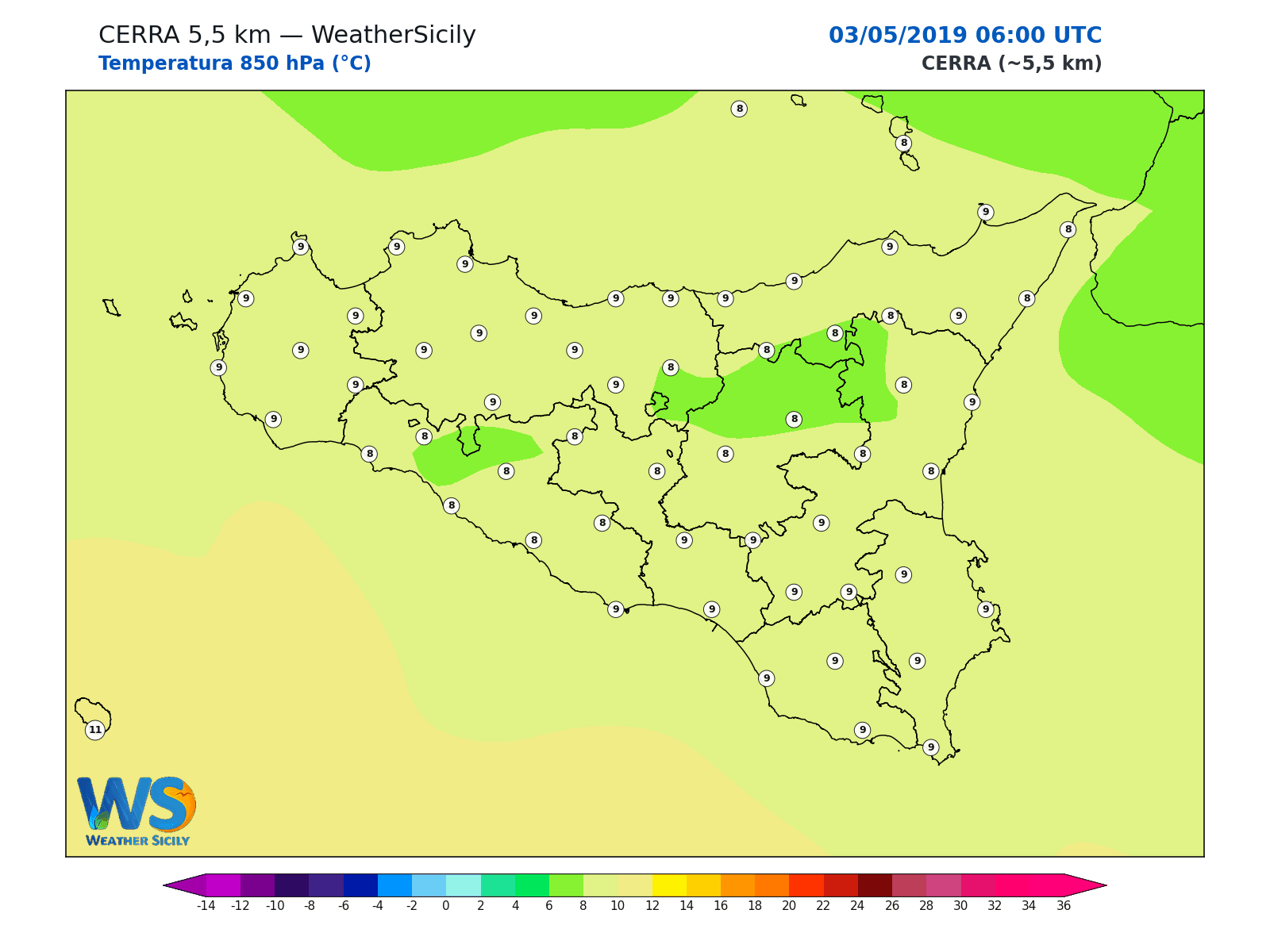 Temperatura a 850 hPa · 2019050306