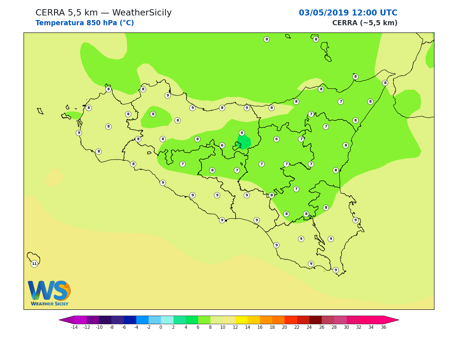 Temperatura a 850 hPa · 2019050312