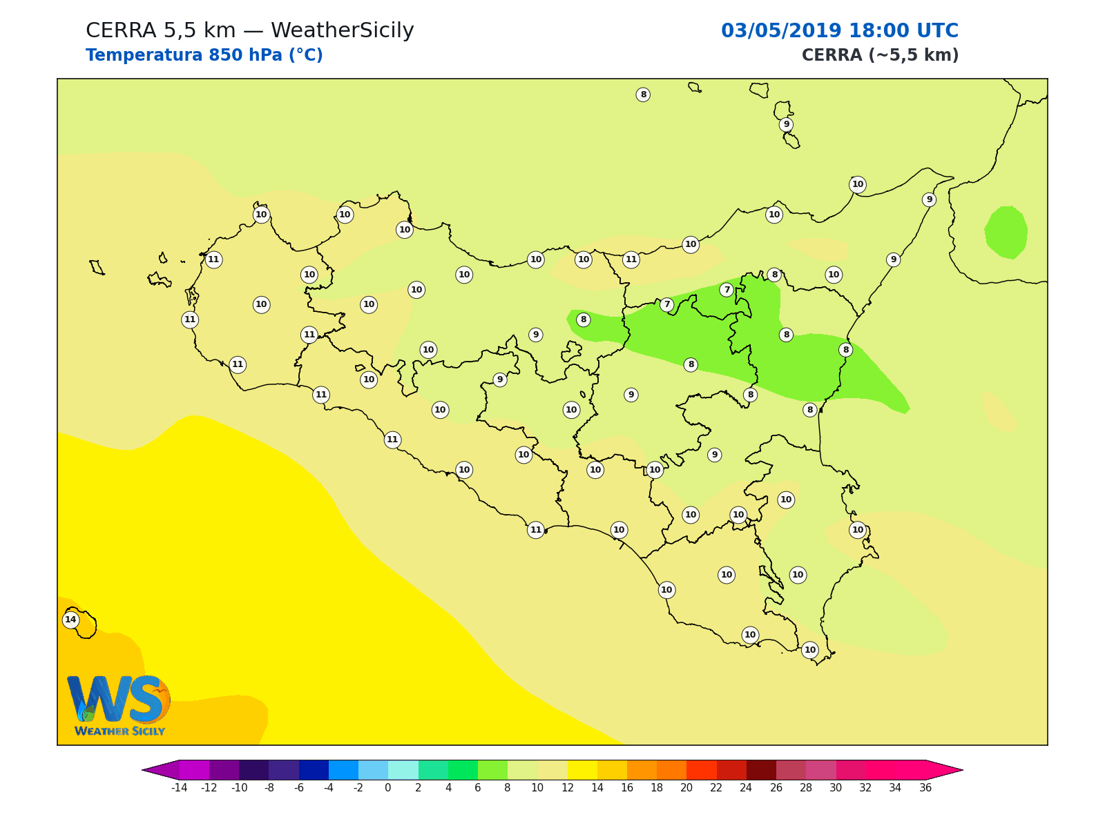 Temperatura a 850 hPa · 2019050318