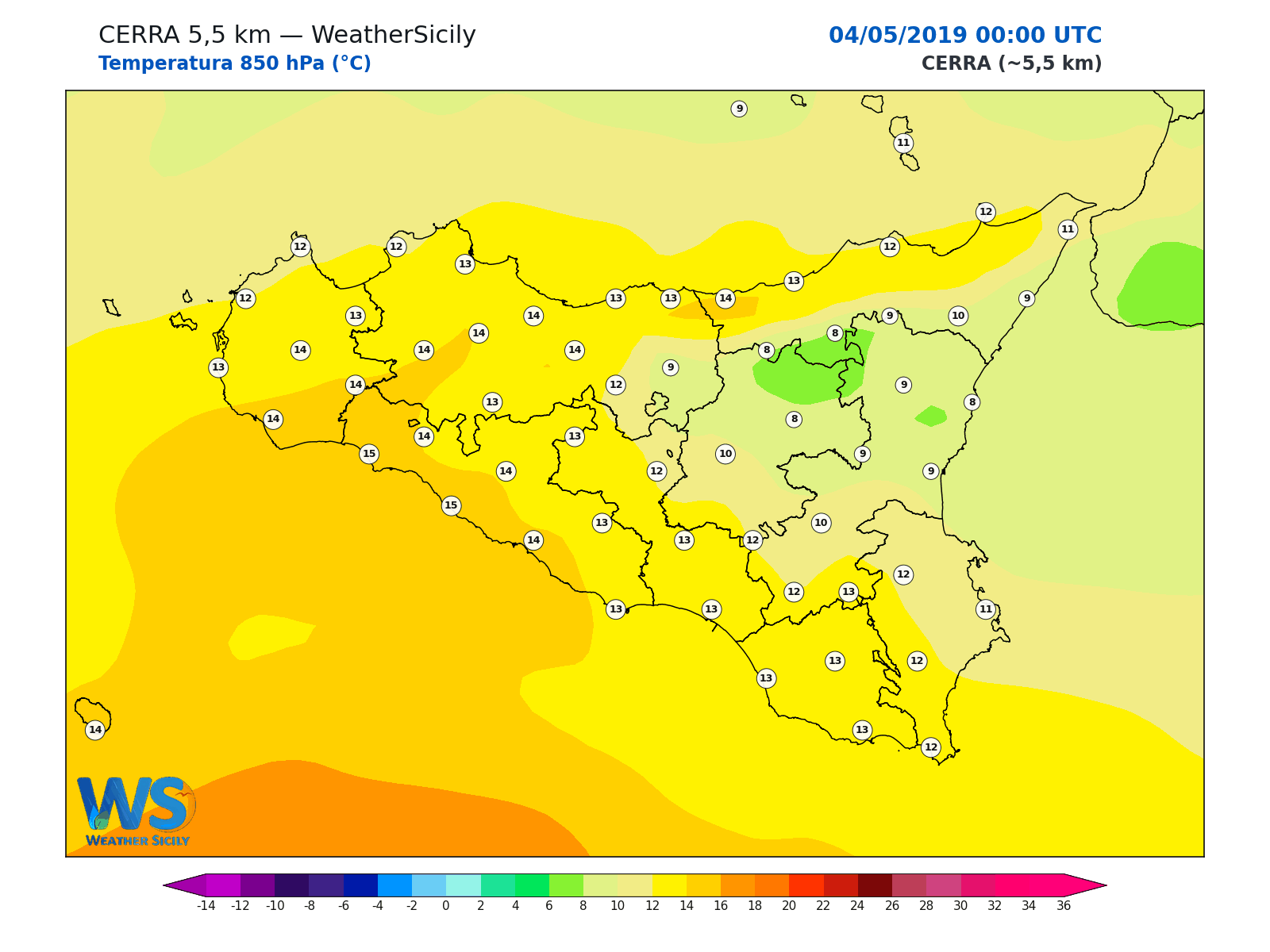 Temperatura a 850 hPa · 2019050400