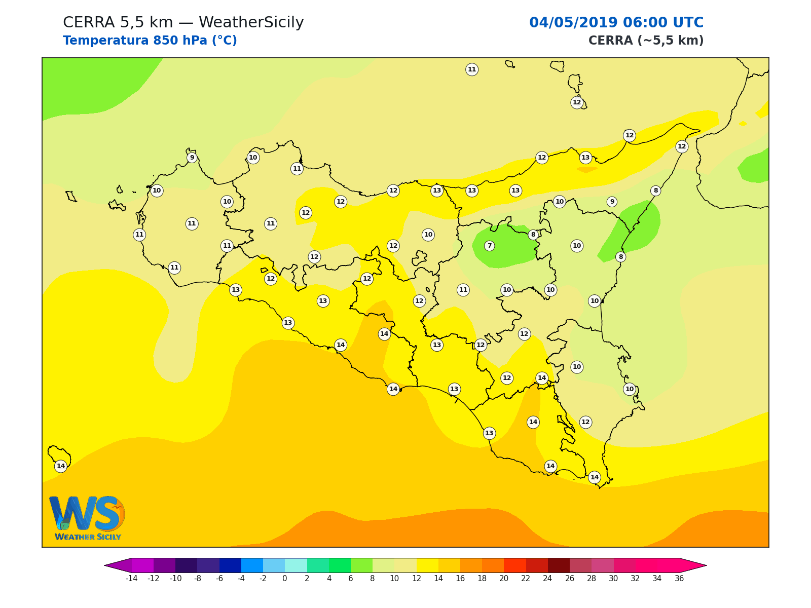 Temperatura a 850 hPa · 2019050406