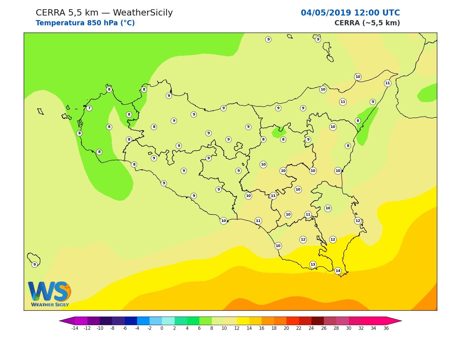 Temperatura a 850 hPa · 2019050412