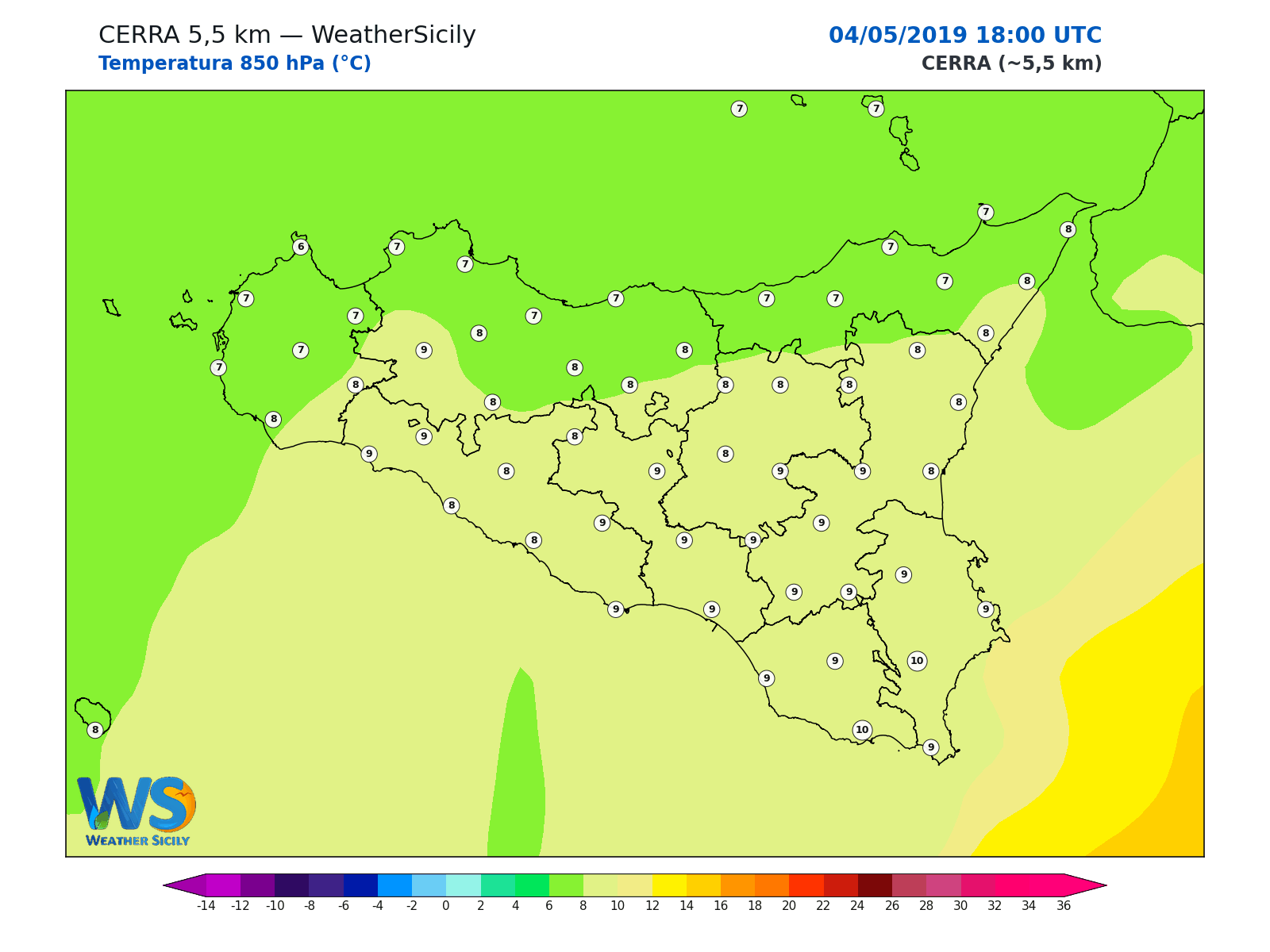 Temperatura a 850 hPa · 2019050418