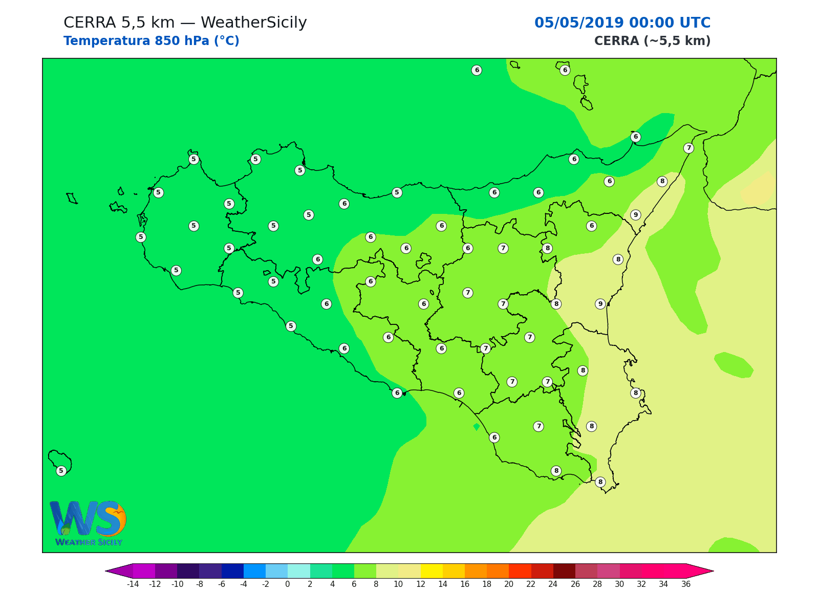 Temperatura a 850 hPa · 2019050500