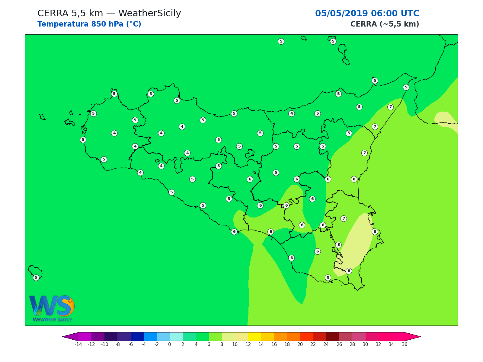 Temperatura a 850 hPa · 2019050506