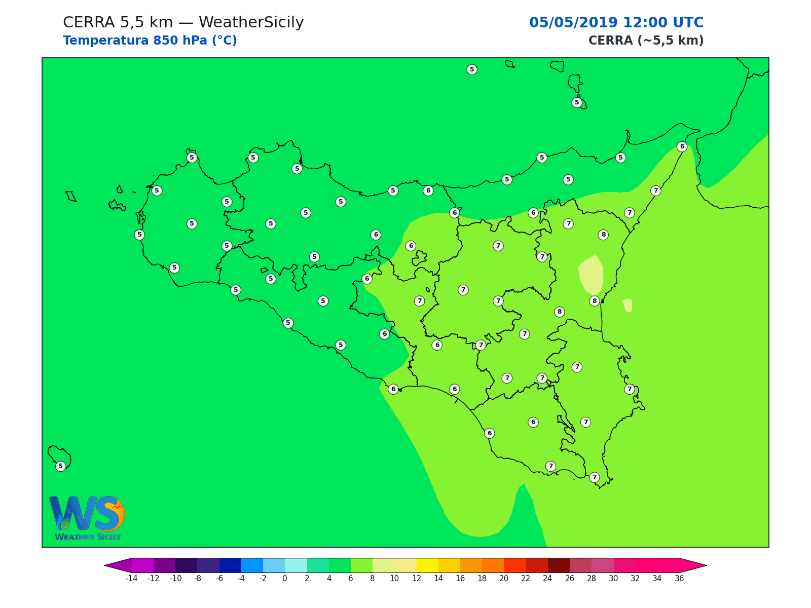 Temperatura a 850 hPa · 2019050512