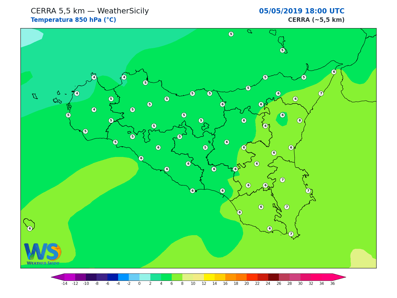 Temperatura a 850 hPa · 2019050518