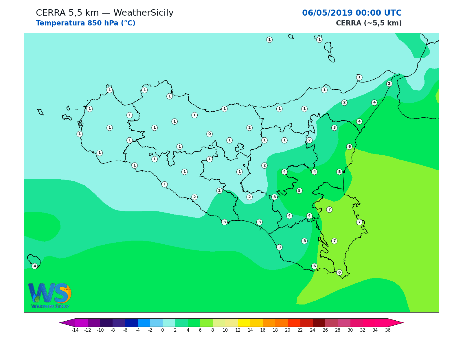 Temperatura a 850 hPa · 2019050600