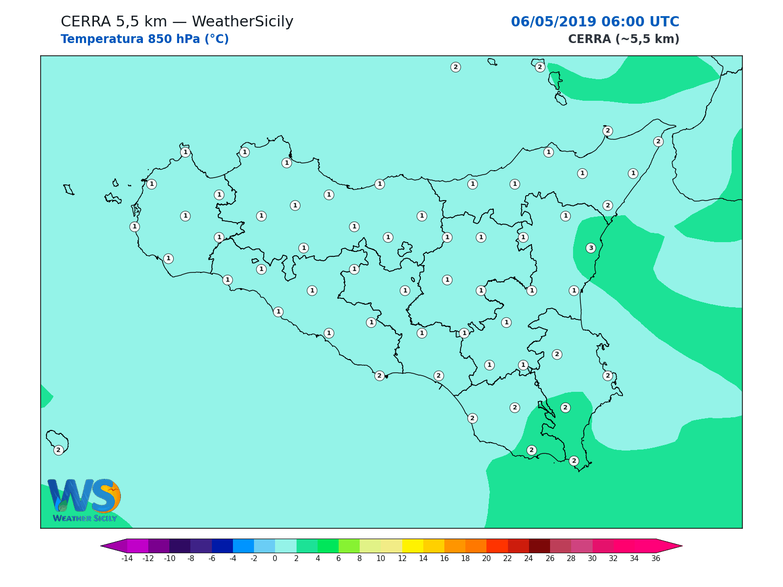 Temperatura a 850 hPa · 2019050606