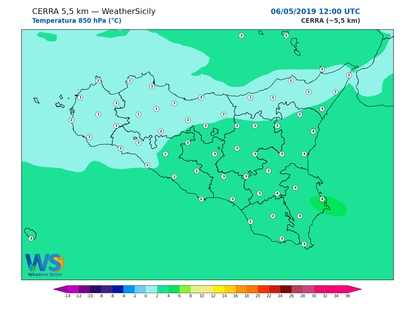Temperatura a 850 hPa · 2019050612